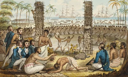 Kapitán Cook na ostrově Otaheite, ilustrace z „The Voyages of Captain Cook“