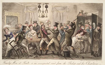 Family Men at Fault, aneb neočekávaná návštěva biskupa a jeho kaplanů, z hospody The English Spy. 1824 (ručně kolorovaná rytina)