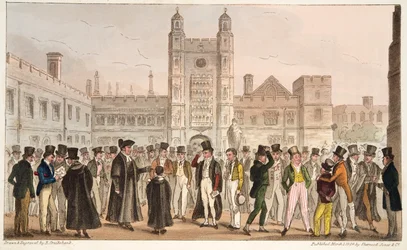 First Absence, neboli Etonians Answering Morning Master Roll, z The English Spy vydané v roce 1824 (ručně kolorovaná rytina)