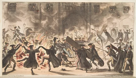 Podlaha Merkura, aneb Burning of the Oaks, od The English Spy, hospoda. 1824 (ručně kolorovaná rytina)