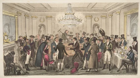Interiér moderního pekla - vide. The Cogged Dice, z knihy The English Spy, pub. 1824 (ručně kolorovaná rytina)