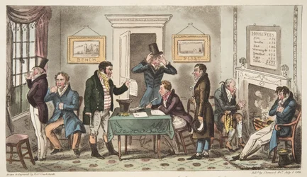 Ráno a v nízké náladě, scéna Lock Up v Spunging House, Carey Street, trochu dobré pravdy, z anglického špióna, vydáno v Londýně, 1824