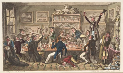 Oxford Transports, nebo University Exiles, z The English Spy, publikoval Londýn, 1824 (ručně kolorovaná rytina)