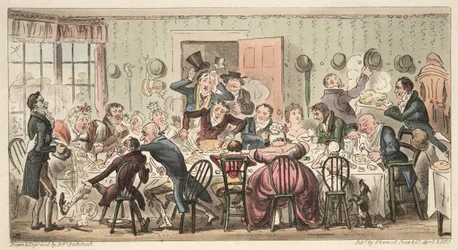 The Cits Sunday Ordinary v Gate House Highgate; nebo, každý vepř do svého jablka, z hospody The English Spy. 1824 (ručně kolorovaná rytina)