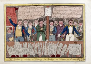 Svoboda ve volbách aneb Lov na popularitu a plky pro Maxwella, nakl. G. Humphrey, 1818 (ručně kolorovaná rytina)
