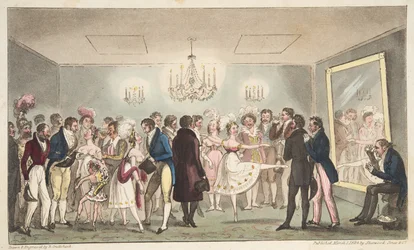 The Green Room of the Kings Theatre aneb Vznešení amatéři prohlížející zahraniční kuriozity, od The English Spy, pub. 1824 (ručně kolorovaná rytina)