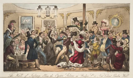 The Hall of Infamy, alias Oyster Saloon v Brydges-Street, nebo New Covent Garden Hell, od The English Spy, hospoda. 1824 (ručně kolorovaná rytina)