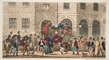 The Post Office Bristol, Arrival of the London Mail, od The English Spy, publikoval Londýn, 1824