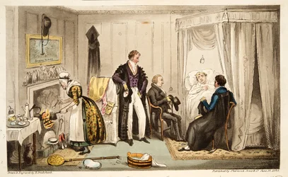 Tom Echo ležel s Headingtonskou horečkou nebo Oxonian velmi blízko zdi, z The English Spy, vydaný Londýn, 1824 (ručně kolorovaná rytina)