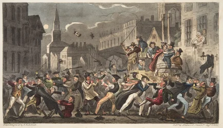 Town and Gown, od The English Spy, pub. 1824 (ručně kolorovaná rytina)