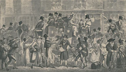 Outside White Horse Cellar, Piccadilly, 1821, 1920. Umělci: Isaac Robert Cruikshank, George Cruikshank.