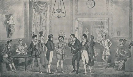 The Green Room at Drury Lane Theatre, 1821, 1920. Umělci: Isaac Robert Cruikshank, George Cruikshank.