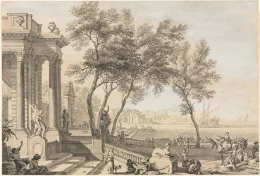 Fantastická přístavní scéna s architekturou a figurami, 1713.