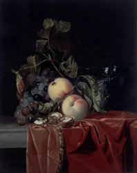 Zátiší z hroznů, broskví, vlašských ořechů a sklenice na víno