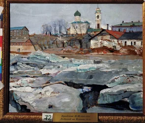 Unášení ledu v Pskově. Obraz Isaaka Izraileviče Brodského (Brodského) (1884-1939). Olej na kartonu
