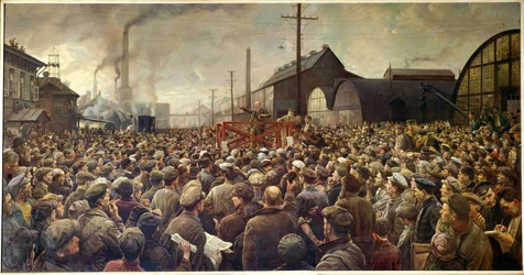 Ruská revoluce roku 1917: „Lenin hovoří k dělníkům Putilovovy továrny v Petrohradu“