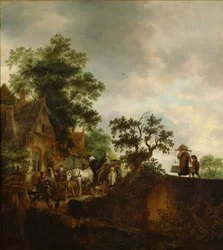 ""Cestovatelé zastavující se v hostinci na cestě"" Obraz od Isaaca van ostade (1621-1649) 1645 Národní muzeum západního umění, Tokio Japonsko