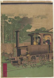 Parní lokomotiva v Tokiu, po roce 1872 (barevný dřevořez)