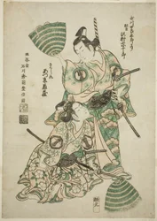 Herec Sawamura Sojuro II (dříve Utagawa Shirogoro) jako Matsuomaru a Azumo Tozo I jako Sakuramaru ve hře „Sugawara Denju Tenarai Kagami“, uvedené v divadle Morita, 1750