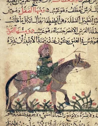 Kůň a jezdec, ilustrace z „Knihy o podkovářství“ od Ahmeda ibn al-Husayn ibn al-Ahnaf, 1210