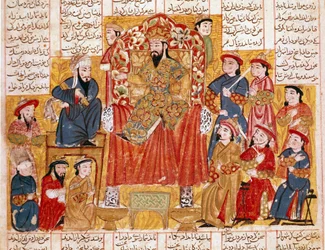Islámské umění: „“Sultán a jeho dvůr““ perská miniatura z rukopisu epické básně „“ Shahnameh““ (Shah Nama, Shahnama) (Kniha králů) od Ferdowsiho (Firdawsi, nebo Ferdawsi, nebo Firdousi, ca. 940-kolem 1020) Kolem 1330 muzeum Topkapi, Istanbul