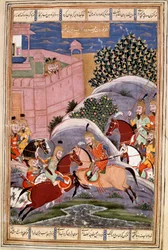 Islámské umění: „Boj Bijene proti Firoudovi““ Perská miniatura z rukopisu epické básně „“ Shahnameh““ (Shah Nama, Shahnama) (Kniha králů) od Ferdowsiho (Firdawsi, nebo Ferdawsi, nebo Firdousi, asi 940 -kolem 1020) (ms. 607) Chantilly, Conde museu