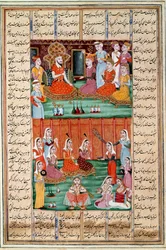 Islámské umění: „Sňatek tří dcer Sera, krále Jemenu““ Perská miniatura z rukopisu epické básně „“ Shahnameh““ (Shah Nama, Shahnama) (Kniha králů) od Ferdowsiho (Firdawsi nebo Ferdawsiho nebo Firdousi, cca 940-kolem 1020) (ms. 60