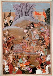 Islámské umění: “”Rustamův první boj proti Afrasiab”” perská miniatura z rukopisu epické básně “” Shahnameh””” (Shah Nama, Shahnama) (Kniha králů) od Ferdowsiho (Firdawsi, nebo Ferdawsi, nebo Firdousi, ca. 940-kolem 1020) (ms. 607) Chantilly, Mu