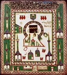 Islámské umění: keramická destička zobrazující hrobku Muhammada v Medíně, v dnešní Saúdské Arábii. Keramika ze 16.-17. století. Káhira, Muzeum islámského umění.