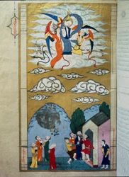 Islámské zobrazení nanebevstoupení proroka Isy (Isa ibn Marym: Ježíš), miniatura z rukopisu „Zubdat al Tawarikh“ (Smetana neboli krásný květ příběhů) historika Seyyyida Loqmana (Lokmana) Ashuriho