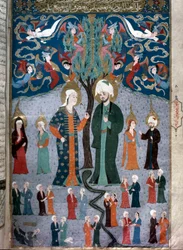 Islámské znázornění miniatury Adama a Evy z rukopisu „Zubdat al Tawarikh“ (Zubdat al Tawarikh) (Creme of Stories) od historika Seyyida Loqmana Ashuriho 1538. Muzeum tureckého a islámského umění Istanbul