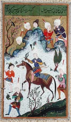 Paní B-284 fol.50b The Kings Hunt, z Divanu od Huseyna Bayqary, kolem roku 1540