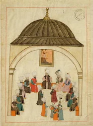 Paní cicogna 1971, miniatura z „Memory Turchese“ zobrazující císařský sál v paláci Topkapi, Konstantinopol, kolem roku 1580