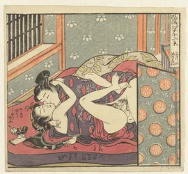 Milenecký pár za pokojovou zástěnou. Dvanáct pohledů na vytříbené Edo (název série). Furyu Edo junikei (název série na předmětu)