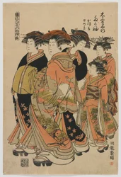 Modely módy: Nové návrhy jako čerstvé mladé listy: Tagasode z Daimonjiya s Katsuruem, Tomeki a doprovodem, období Edo, 1778-80 (barevný dřevoryt)