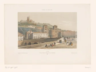 Pohled na Pont Tilsitt a katedrálu Saint-Jean v Lyonu Lyons. Vue du Pont de Tilsitt et de la Cathédrale (název na objektu) Malé tváře ve Francii (název série) France en miniature (název série na objektu)