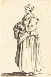 Peasant Woman with Basket, in Profile, Facing Left   1251462   cs       czech Successfully Translated  Original: The Park at Enghien, c.1685, illustration from a A Collection of 86 plans and views of The Hague Translat: The Park at Enghien, c.1685, illustr