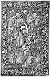 Kopie slonovinové zadní obálky Queen Melisende Psalter, reprodukovaná v The Crusades: the story of the Latin Kingdom of Jerusalem od T.A. Archer, 1894