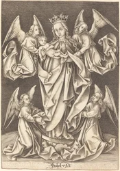 Madona s dítětem na půlměsíci podporovaná čtyřmi anděly