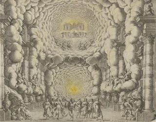 Návrh divadelní výpravy, kterou vytvořil Giacomo Torelli da Fano pro balet 
