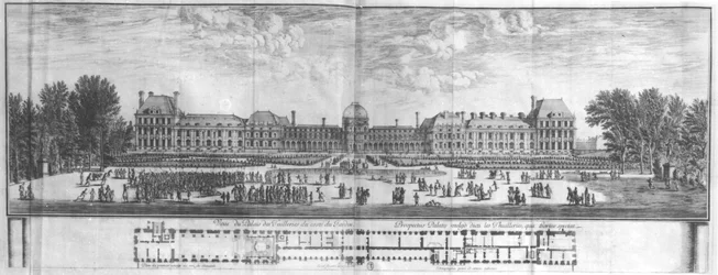 Pohled na Palais des Tuileries ze zahrad (rytina) (černobílá fotografie)
