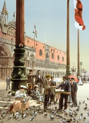 Krmení holubů na náměstí St Marks Square, Benátky, kolem roku 1900