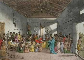 Banket v Habeši, deska 11 z „Le Costume Ancien et Moderne“ od Julese Ferraria, vydáno kolem 20.–30. let 18. století (barevné lito)
