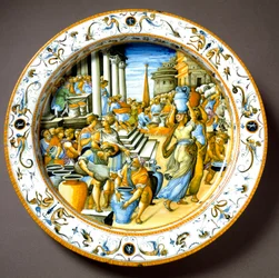 Congiarium ve starověkém Římě (bezplatné rozdávání vína a oleje lidu). Keramický talíř vyrobený kolem roku 1550 v Urbinu v dílně Fontana v Itálii. Florencie, Národní muzeum Bargello