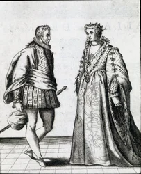 Pár italské šlechty. Rytina z „“ Il ballarino “ (nebo Il dancer) pojednává o tanci tanečního mistra Fabritia Caroso (1527 / 1535-1605 / 1620) 1581. Civic Museum Biblioteca Musicale, Bologna