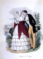 Galantská scéna: elegantní pár módních Pařížanů. 1848 (rytina)