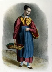 Mladá potulná prodavačka jahod. Milánská metier rytina Locarna z roku 1830.