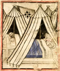 Add 15277 f.51 Izraelité se oddávají sexuální nemravnosti s moábskými ženami v jejich stanech, kolem 1350-99 (vellum)