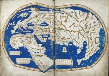 Přidat 15760 f.68v-69 Mapa světa, z "Insularium Illustratum", od Enrica Martella, která je popisem ostrovů, především Středozemního moře, s barevnými plány, italština, kolem 1470 (vellum)