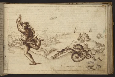Přidat. 82955, f.134 Lidská postava pronásledovaná hady., z Historia Animalium